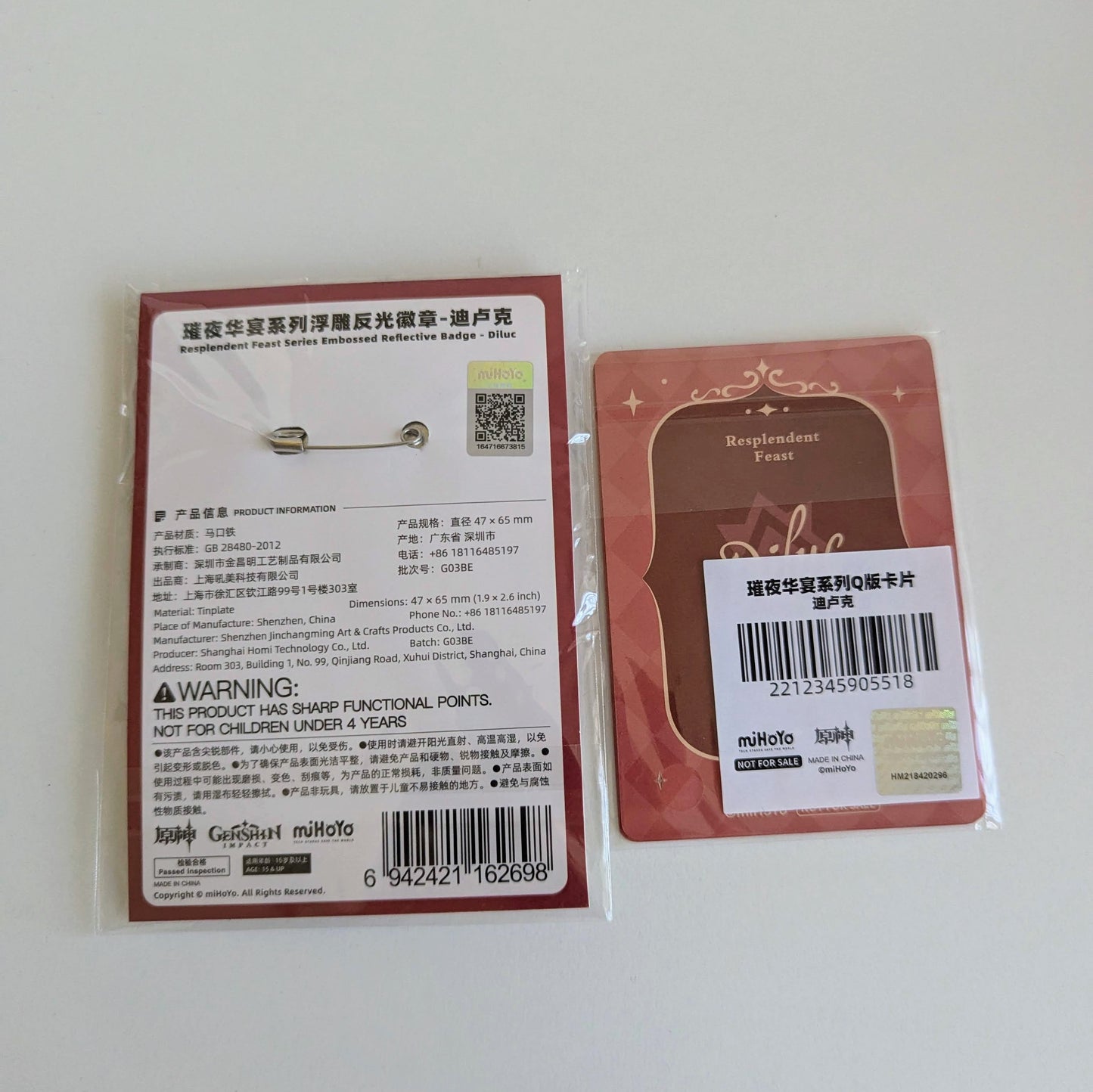 Genshin Impact Diluc Badge + Card Set of 2